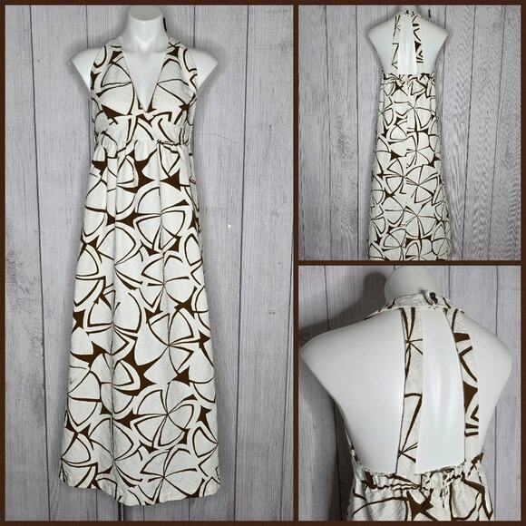 VTG Handmade Brown/White Abstract Floral Open Back Maxi Halter Dress, sz Small - Picture 1 of 7
